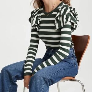 Veronica Beard Segrist Ruffled green ribbed long sleeve Striped Top